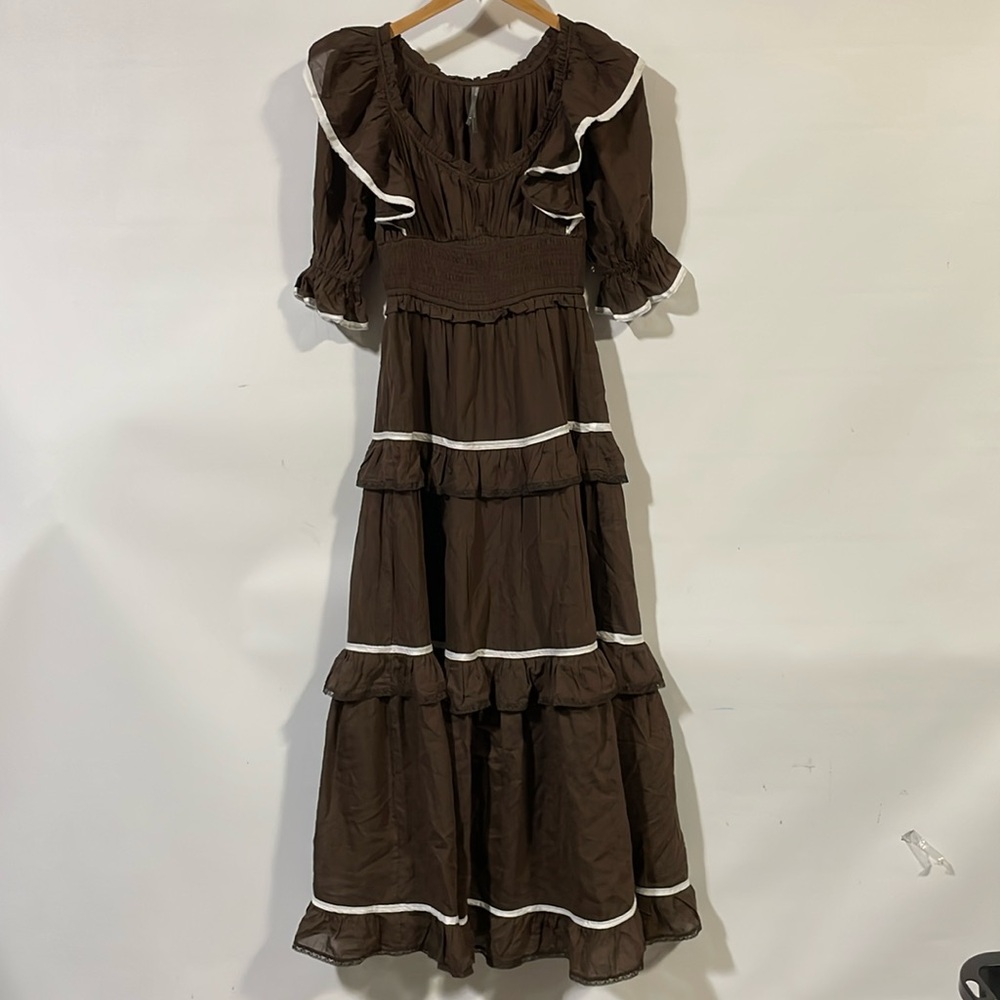 Anthropologie Brown Maxi Dress with White Trim